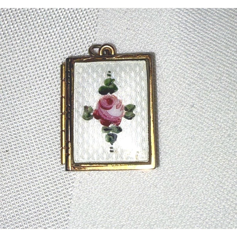 Vintage Guilloche Enamel Rose Locket  Gold Tone Book Locket Necklace
